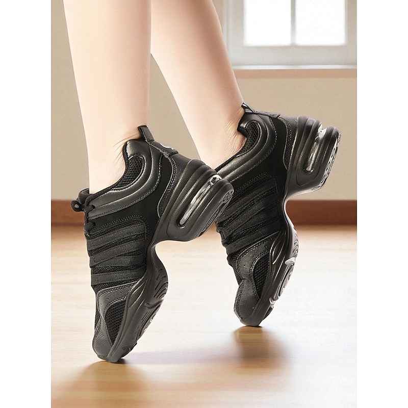 Women's Black Jazz Dance Sneakers - Lightweight Breathable Lace-Up Professional Hip-Hop Practice Shoes2