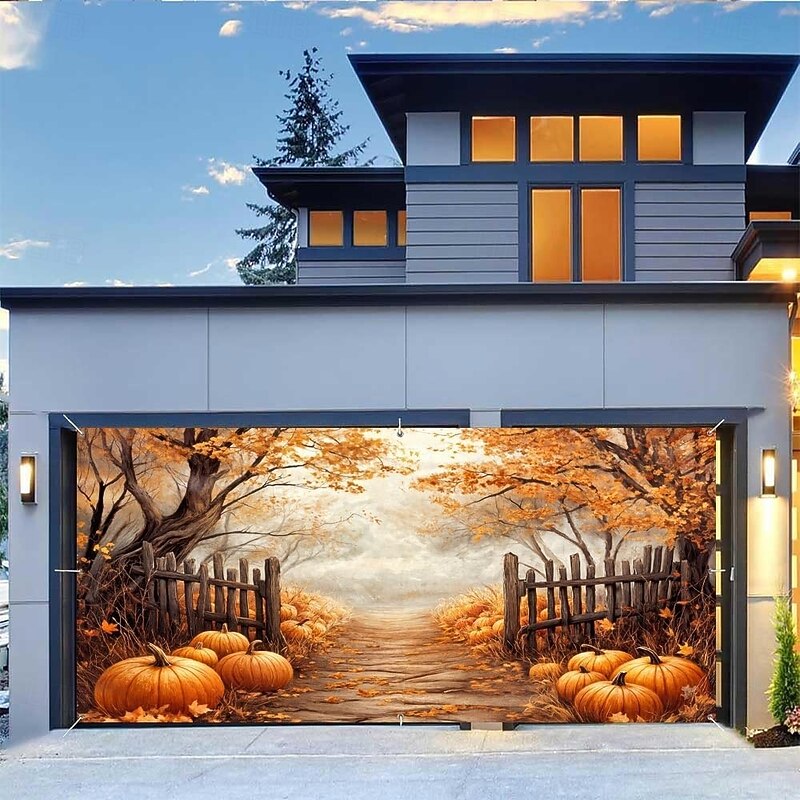 Halloween Garage Door Cover Large Hanging Backdrop Pumpkin Farm Dark Punk Gothic Style Party Outdoor Shooting Backgrounds Front Door Home Decor2
