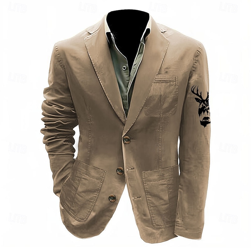 Men's Reindeer Print Blazer Cotton Suit Jacket Suits Coat Casual Outdoor Dailywear Casual Multiple Pockets Three Button Stripe Lined Suit Jacket Fall Winter Notch lapel collar Long Sleeve Black khaki