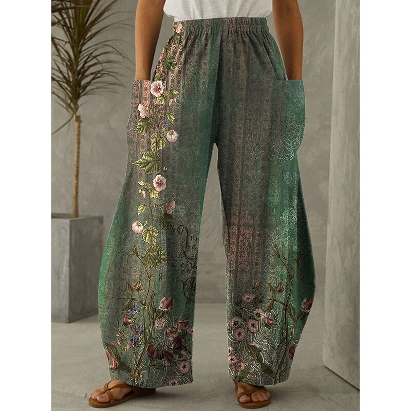 Women's Wide Leg Chinos Vintage Casual Full Length High Waist Floral Graphic Elastic Waistband Inelastic Causal Casual Daily Blue Green Rainbow Amethyst Summer Spring Loose Fit
