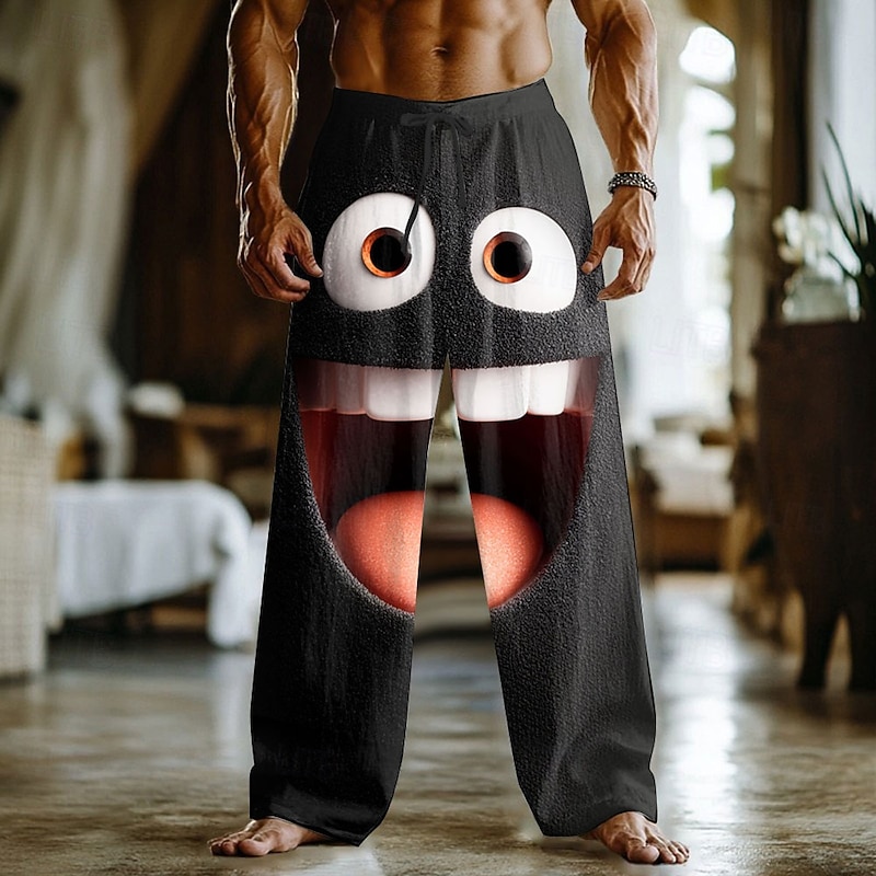 Men's 3D Cartoon Smile Face Trousers Pants Trousers Baggy Pants Mid Waist Funny Outdoor Vacation Home Elastic Drawstring Waist Linen-Like Pants with Pockets Spring Fall 3D Print Black 1 Black 3 Black