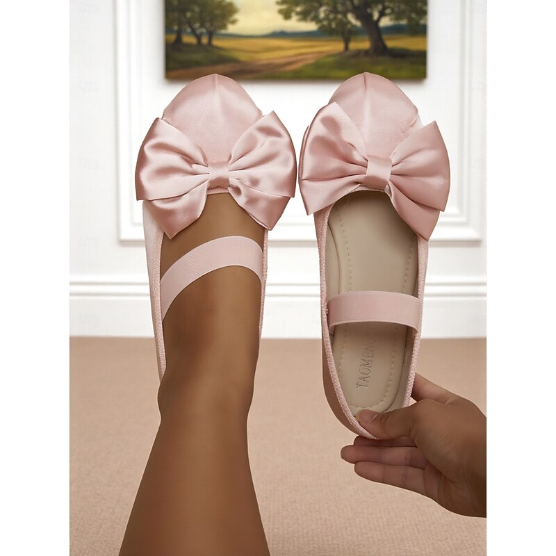 Women's Pink Satin Bow Ballet Flats – Stylish Retro Chic Flats for Urban Commute, Office Wear, and Weekend Walks4