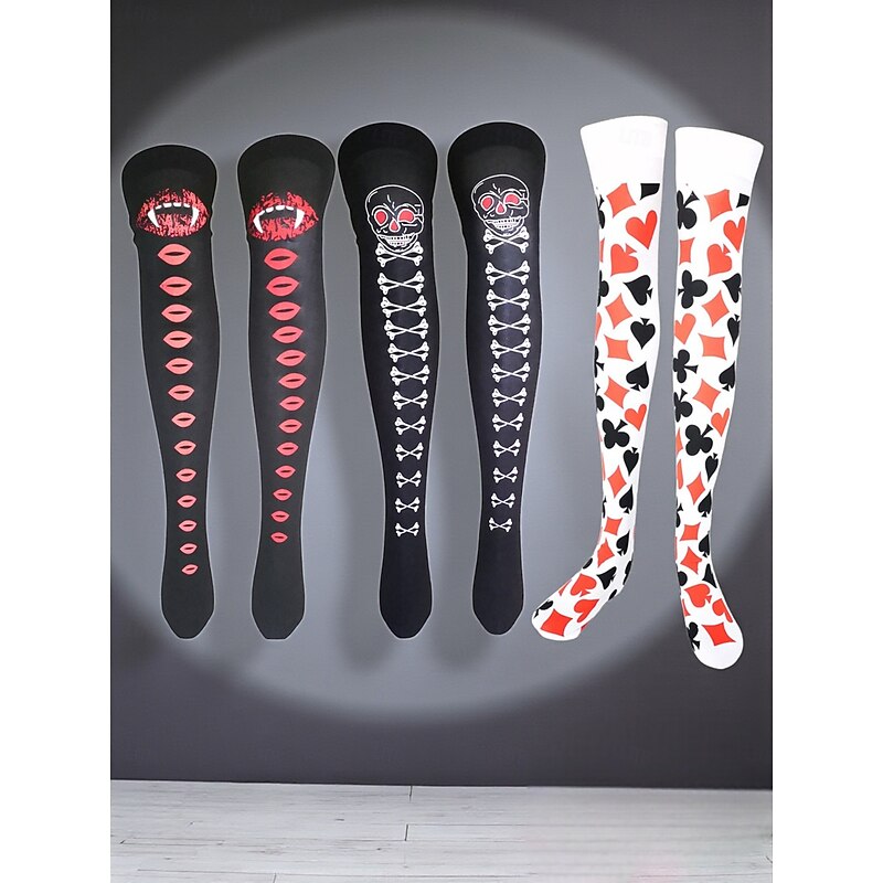 Women's Halloween Over-the-Knee Socks with Gothic Skull, Vampire and Card Print - Fun Nightlife Party Hosiery for Costume and Cosplay Outfits4