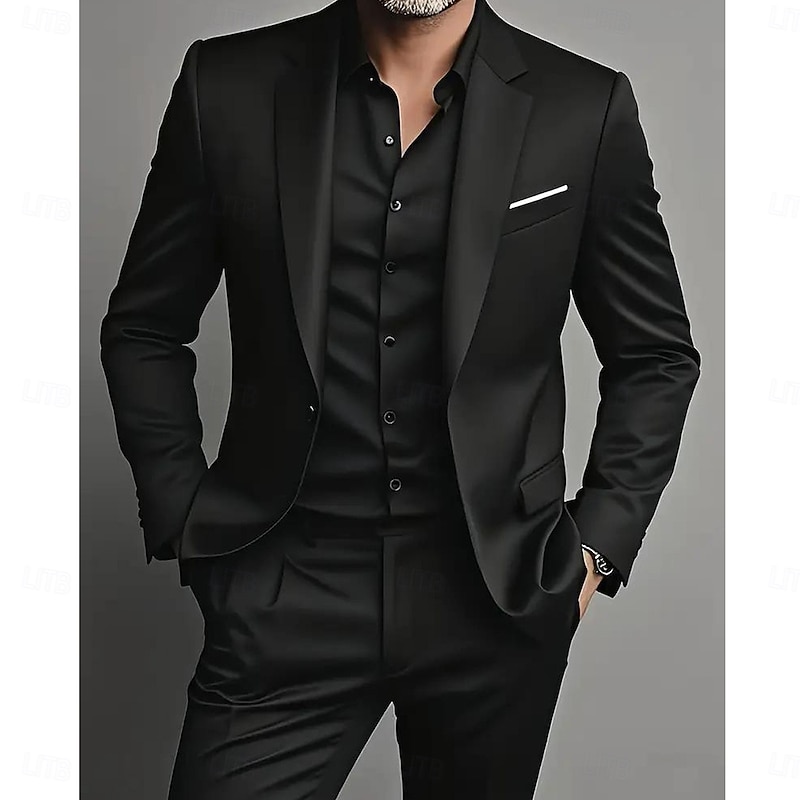 Men's Wedding Party Business Suits Notch Lapel Black Formal Solid Colored Tailored Fit 2 Piece Single Breasted One-button