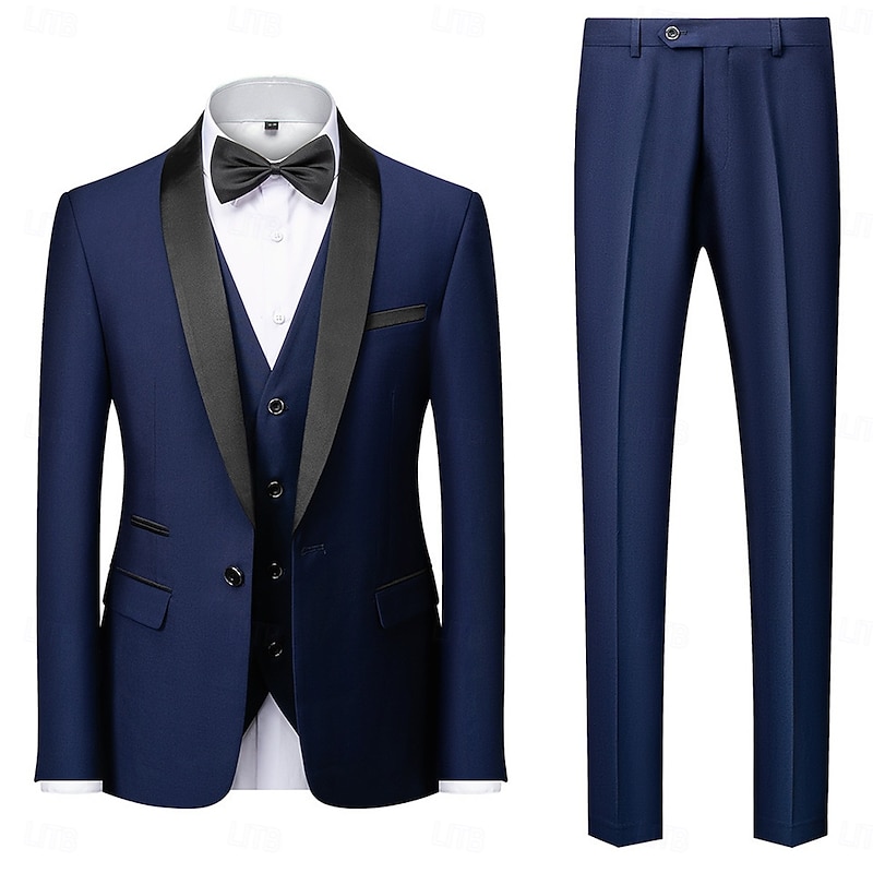 Men's Wedding Casual Party Suits Shawl Lapel Dark Blue Formal Solid Colored Slim Fit 3 Piece Single Breasted One-button2