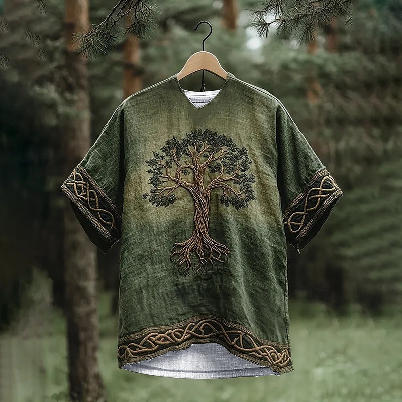 Men's T Shirt Tee Short Sleeve Shirt Tee Top Short Sleeve V Neck Summer Tribal Tree Of Life Yggdrasil Vintage Designer Basic Print Vacation Street Going out Green Gray Top Tee for Men