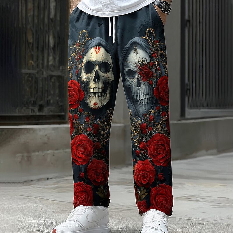 Men's Halloween Costumes Day of the Dead Trousers Baggy Pants Casual Pants Mid Waist Dark Punk Gothic Style Holiday Elastic Drawstring Waist Linen-Like Pants with Pockets Spring Fall 3D Print Dark