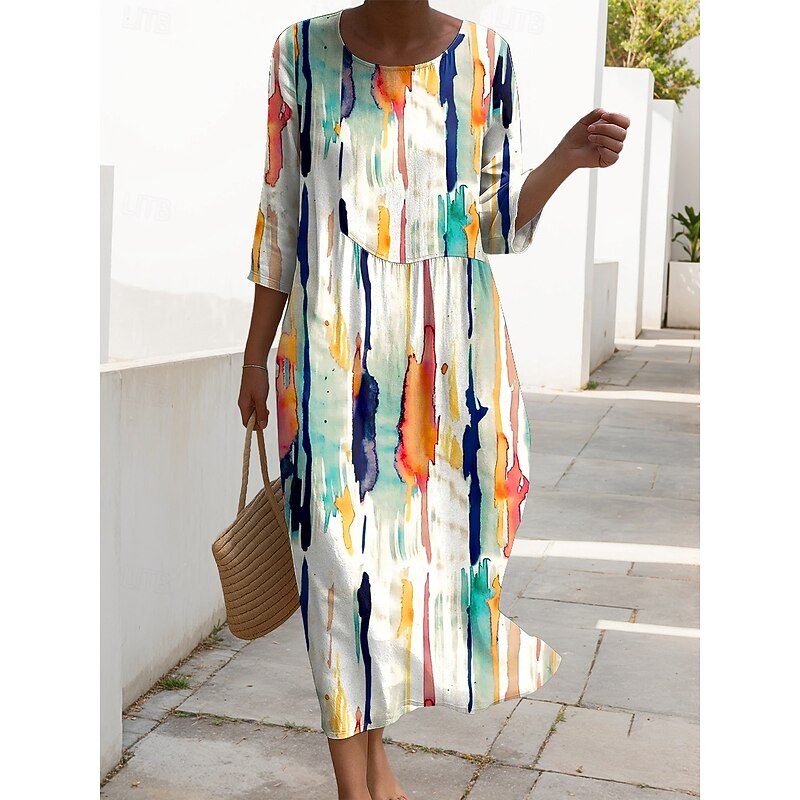 Women's Maxi Dress Kaftan 3/4 Length Sleeve Crew Neck Casual Shift Dress A Line Dress Dress Boho Daily Holiday Date Graphic Geometric Red Light Brown Blue Beige Spring