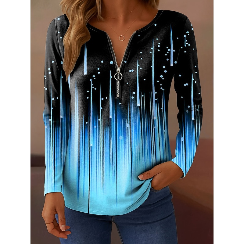 Women's T Shirt Ombre Graphic Abstract Elegant Vintage Fashion Long Sleeve V Neck Regular Tops Daily Weekend Zipper Print White Pink Blue Purple Green Spring Fall