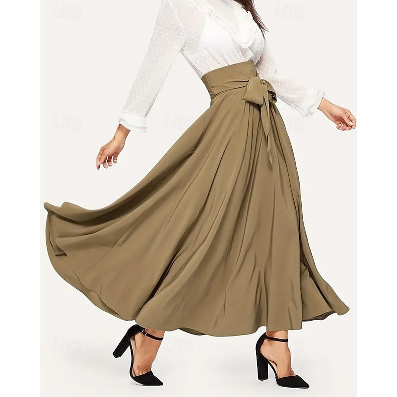 Women's Tights Skirt A Line Fashion Casual Maxi High Waist Skirts Plain Bow Vacation Street Black Khaki Spring Polyester