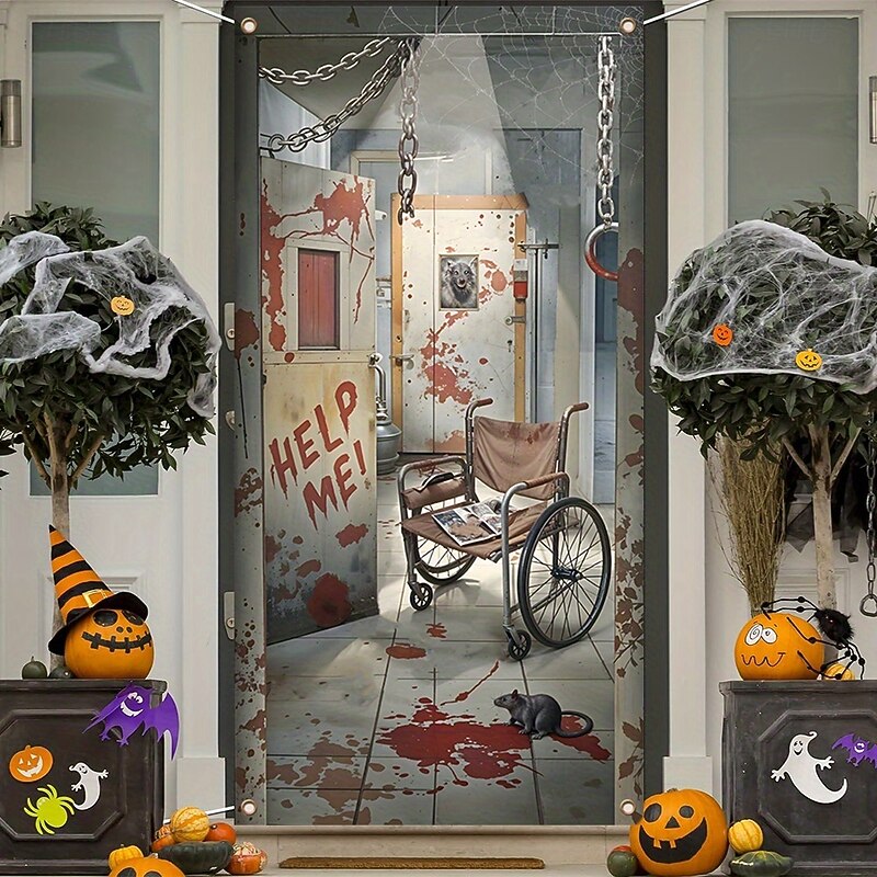 Halloween Door Decorations "DON'T OPEN" Prison Door Cover – Scary Zombie Eyes Door Tapestry Door Curtain Banner for Front Door Indoor Outdoor Haunted House Party Decor3