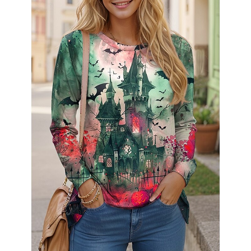 Halloween Women's T Shirt Castle Graphic Vintage Fashion Classic Long Sleeve Crew Neck Regular Tops Daily Print Red Purple Orange Green Fall Winter2