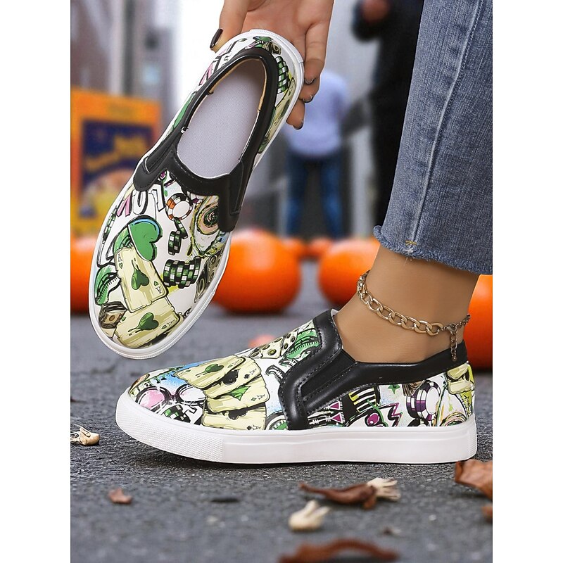 Women's Halloween Slip-On Sneakers - Colorful Graffiti Playing Card Print Canvas Skate Shoes for Casual Fall Outfits & Spooky Street Style