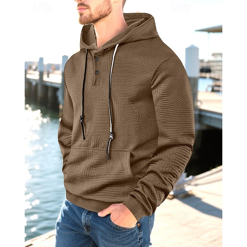 Men's Hoodie Button Up Hoodie Black White Yellow Navy Blue Coffee Hooded Plain Jacquard Drawstring Pocket Ribbed Sports & Outdoor Daily Holiday Polyester Streetwear Basic Casual Spring Fall Clothing3