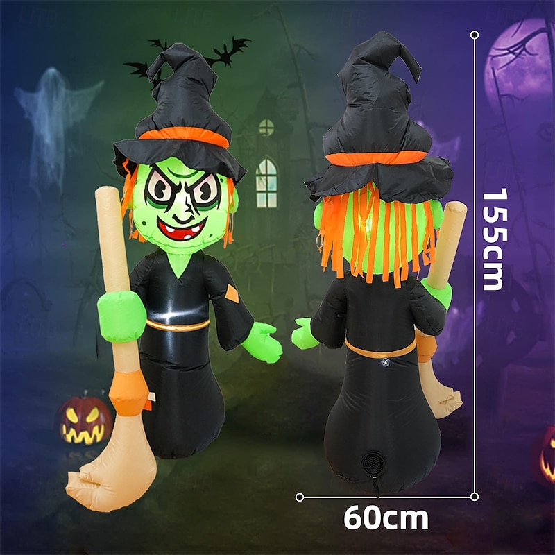 1 Pc 1.55M Halloween Broom Witch with Light Inflatable Air Model Indoor and Outdoor Courtyard Garden Lawn Party Halloween Festival Atmosphere Light EU/US/AU/UK Plug4