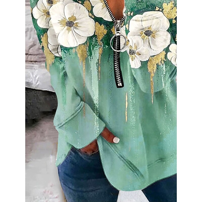 Women's Pullover Sweatshirt Zip Up Sweatshirts Floral Graphic Fashion Casual Long Sleeve Crew Neck Regular Tops Street Dailywear Zipper Print Blue Purple Green Fall Winter3