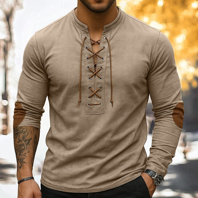 Men's Henley Shirt Tee Top Long Sleeve Shirt Long Sleeve Henley Summer Fall Color Block Fashion Designer Basic Lace up Vacation Street Casual Navy Blue Dark Grey Army Green Top Tee for Men