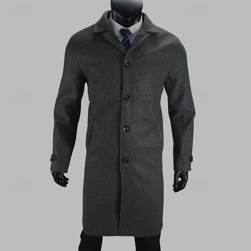 Men's Overcoat Trench Coat Long Trench Coat Vacation Daily Fall Winter Polyester Windproof Warm Outerwear Clothing Apparel Fashion Classic Plain Pocket Lapel Single Breasted2
