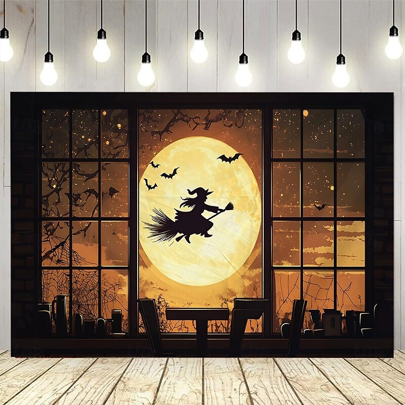 Halloween Witch Window Tapestry, Spooky Full Moon and Flying Witch Silhouette Wall Hanging, Polyester Fabric Haunted House Decor for Living Room, Bedroom, Dorm, or Party, Wrinkle-Free, Easy to Hang, Gothic Room Aesthetic Decoration