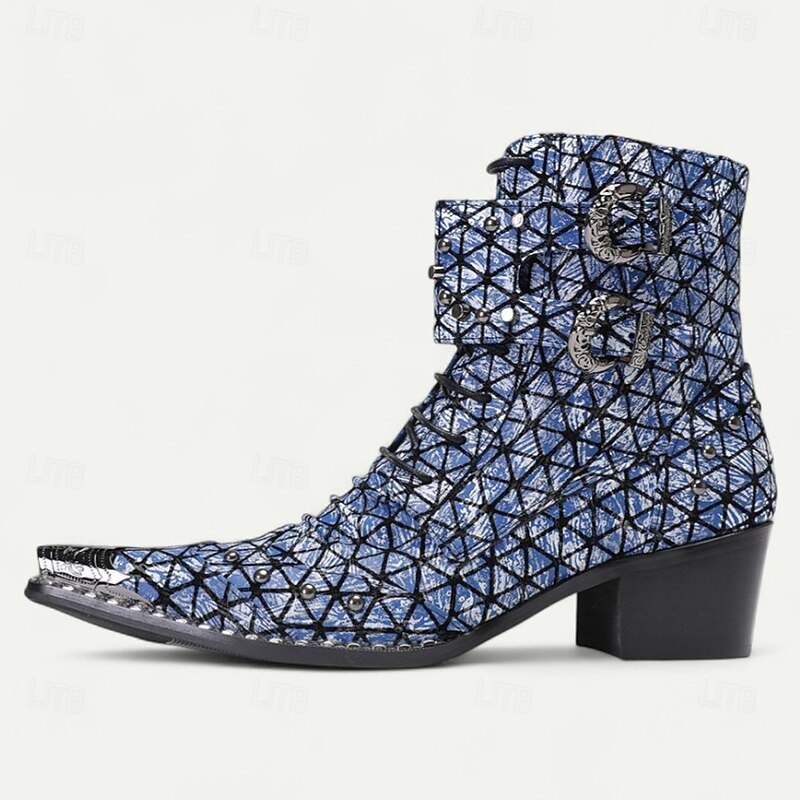 Men's Blue Geometric Print Ankle Boots – Fashion Statement Cowboy Boots for Concerts, Streetwear and Nightlife Parties4