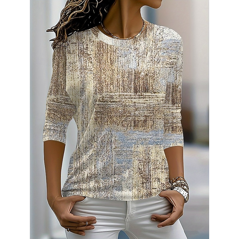 Women's T Shirt Graphic Geometric Color Block Vintage Stylish Classic Long Sleeve Crew Neck Round Neck Regular Tops Daily Print Khaki Spring Fall Winter