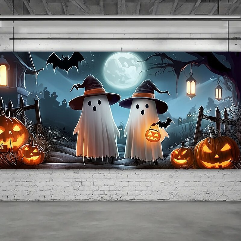 Halloween Outdoor Garage Door Cover Ghosts with Pumpkin Lanterns Spooky Night Scene Banner Large Tapestry Backdrop Decoration for Holiday Outdoor Garage Door Wall Fence3