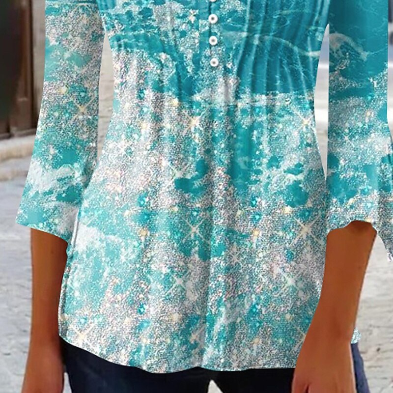 Women's Shirt Blouse Flower Casual 3/4 Length Sleeve V Neck Regular Tops Holiday Going out Print Light Blue Fall3
