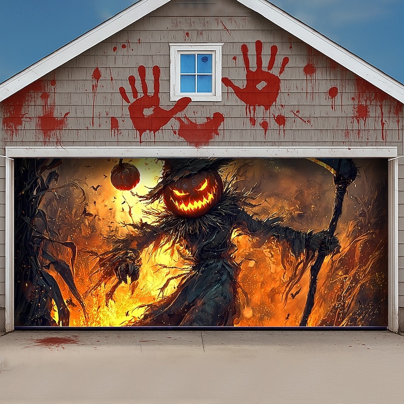 Halloween Tapestry Garage Door Cover Large Hanging Backdrop Scarecrow 3D Dark Punk Gothic Style Party Outdoor Shooting Backgrounds Yard Haunted House Home Decor