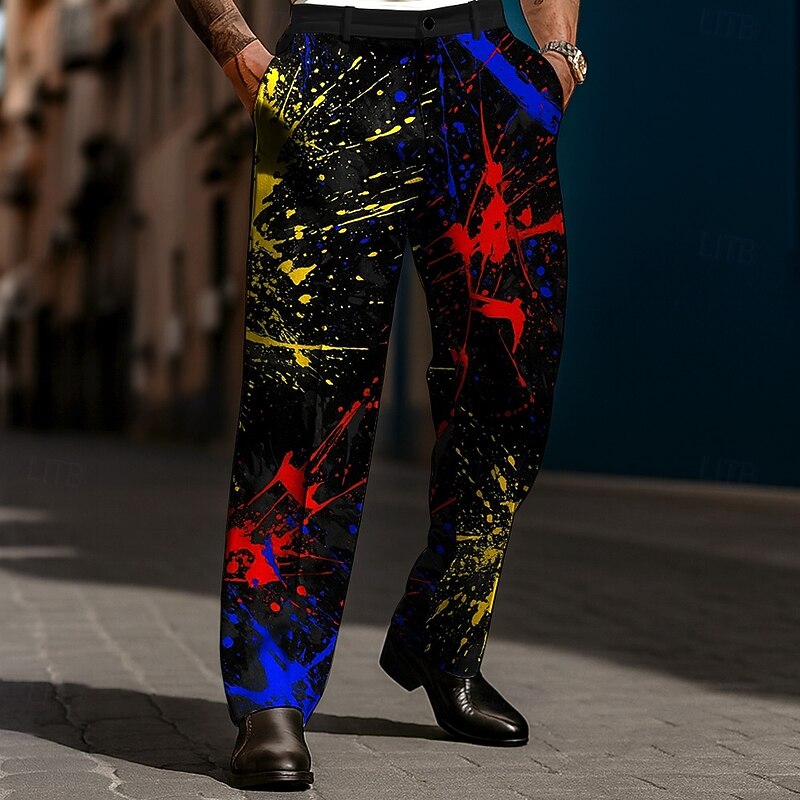 Men's Geometric Ink Painting Abstract Art Dress Pants Trousers Suit Pants Mid Waist Casual Holiday Streetwear Relaxed Fit Flat Front Dress Pants with Side Pockets Spring Fall 3D Print Black White4