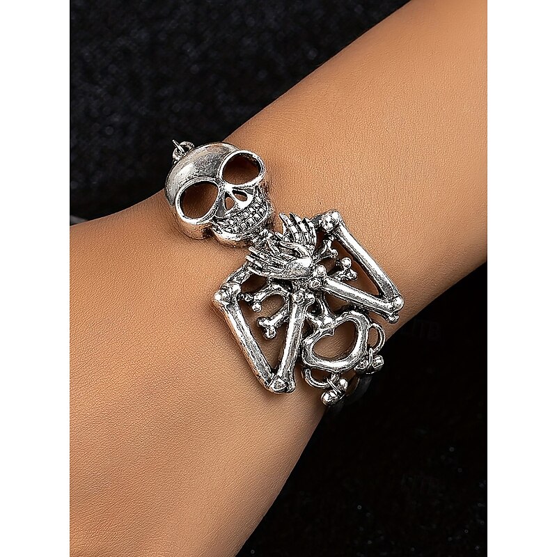 Women's Halloween Skeleton Bracelet – Silver Alloy with Skeleton and Broomstick Design – Adjustable Chain, Perfect for Halloween Costumes and Parties3