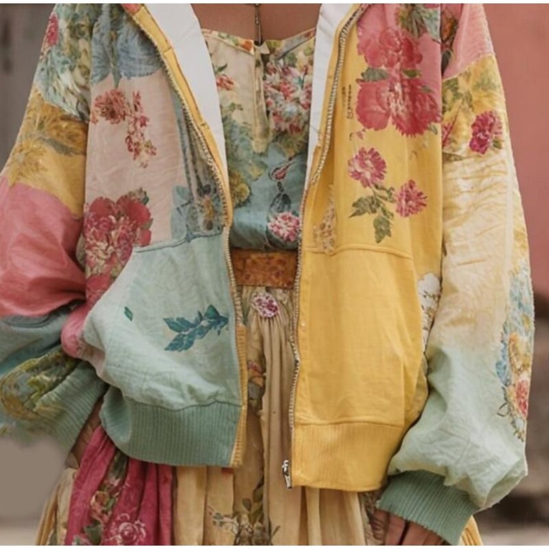 Women's 3D Print Vintage Boho Hoodie Patchwork Hoodie Sweatshirt Floral Zip Up s Floral Graphic Fashion Casual Long Sleeve Hooded  Street Dailywear Casual Patchwork Zipper Pocket Yellow Spring Fall2