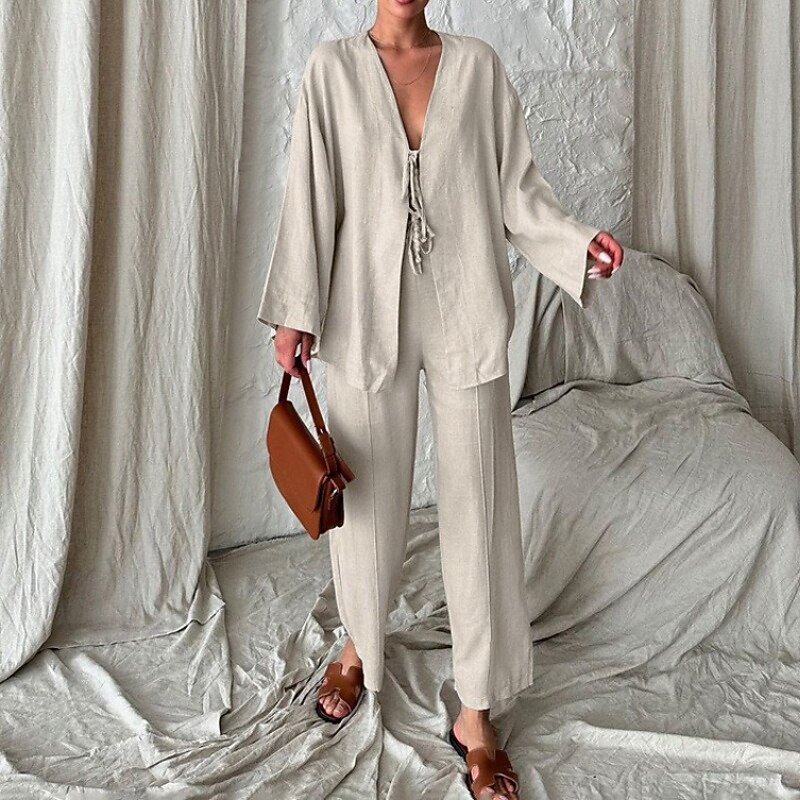 Women's Active Blouse Pants Sets Long Sleeve V Neck Solid Color Daily Wear Casual Daily Pink Khaki Fall Regular Fit2