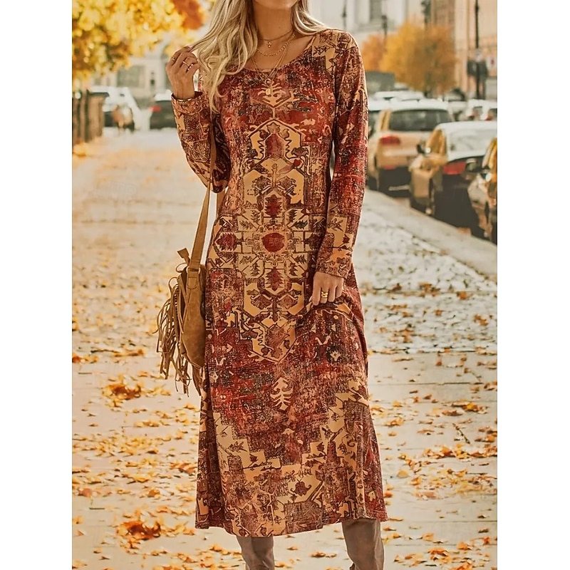 Women's Maxi Dress Sheath Dress A Line Dress Vacation Casual Beach Daily Regular Fit Graphic Geometric Long Sleeve Crew Neck Orange Spring Fall Winter4