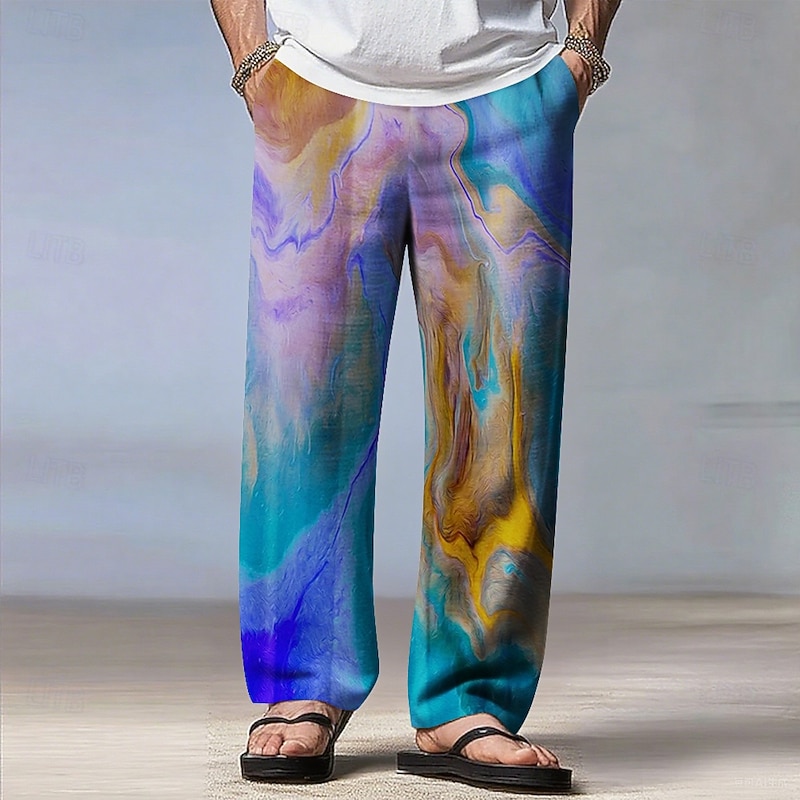 Men's Gradient Color Abstract Art Pants Trousers Casual Pants Mid Waist Drawstring Elastic Waist Bohemian Vintage Retro Outdoor Vacation Casual Straight Leg Trousers Spring Fall 3D Print Yellow Blue3