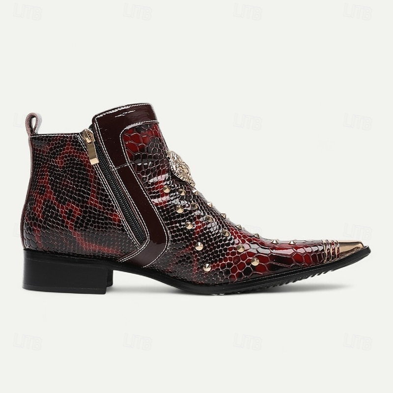 Men's Red Snake Print Genuine Leather Pointed Toe Boots – Exotic Western Cowboy Style for Parties & Festivals3