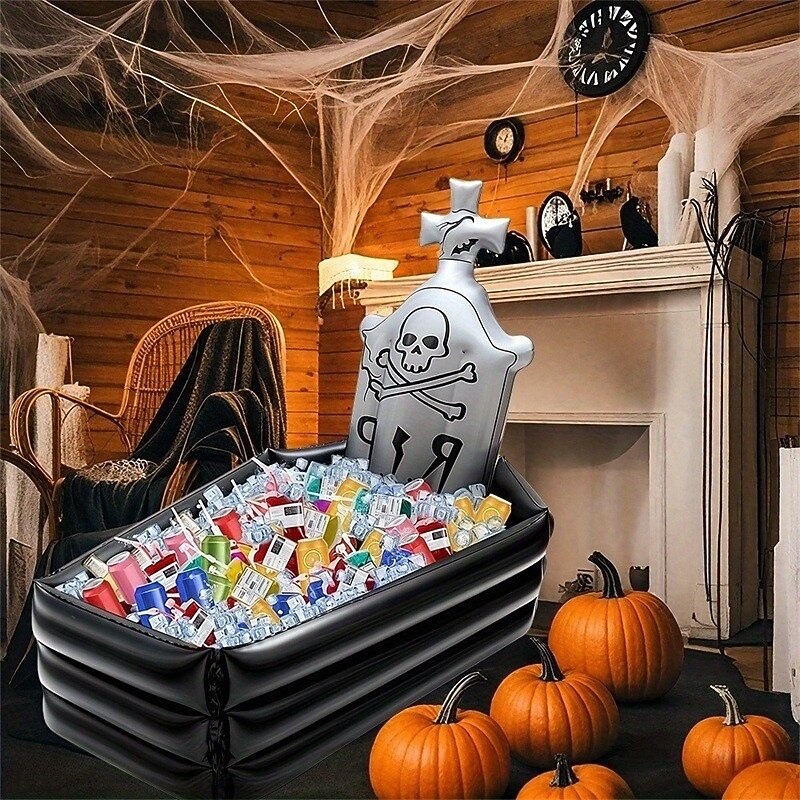 Halloween Inflatable Tombstone Coffin Drink Cooler Party Supplies, Halloween Party Beverage Holder for Indoor Outdoor Home Party Decorations Inflatable Serving Bar Drink Container3