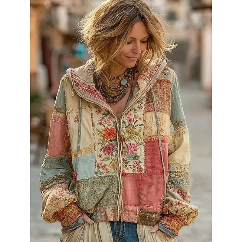 Women's 3D Print Vintage Boho Hoodie Patchwork Hoodie Sweatshirt Floral Zip Up s Floral Punk Active Vintage Long Sleeve Hooded Regular Tops Home Dailywear Casual Patchwork Pink Fall Winter