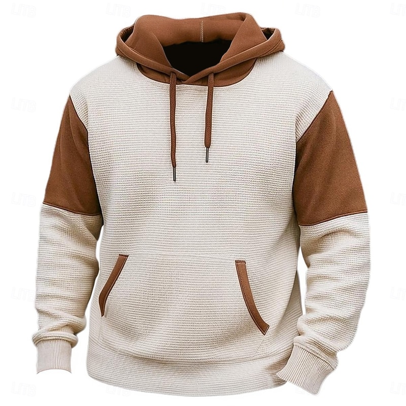Men's Hoodie Waffle Hoodies Pullover Hoodie Sweatshirt Beige Hooded Plain Patchwork Color Block Sports & Outdoor Casual Daily Streetwear Cool Sportswear Fall Spring &  Fall Clothing Apparel Hoodies