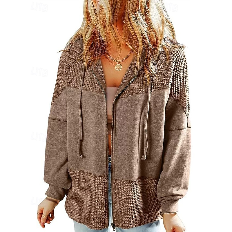 Women's Jacket Warm Comfortable Zipper Pocket Fashion Outdoor Color Block Going out Weekend Zipper Regular Hooded Regular Fit Long Sleeve Outerwear Brown Green Khaki Fall Winter2