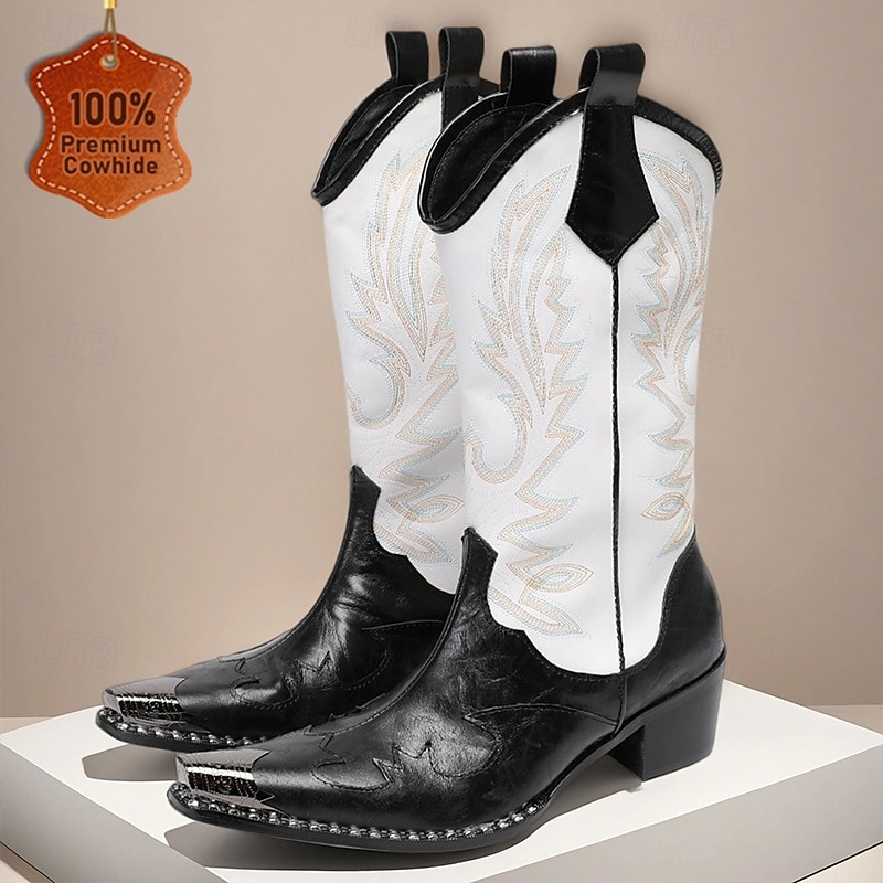 Men's Black and White Western Cowboy Boots – Embroidered Tall Rodeo Boots for Ranch Style, Country Events and Line Dancing