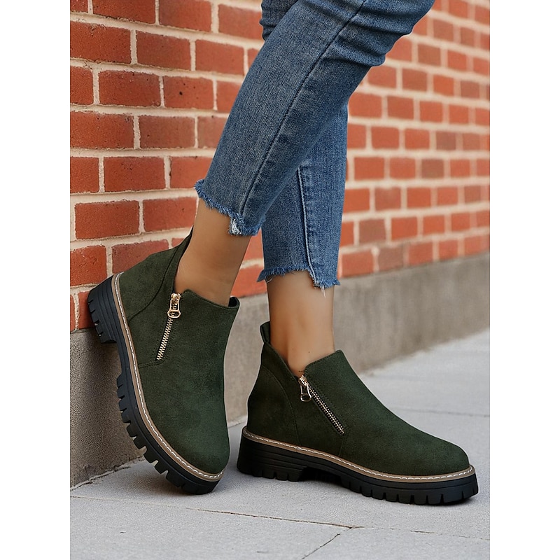 Women's Gray Faux Suede Ankle Boots – Side Zip Closure, Non-Slip Lug Sole, Stylish Fall & Winter Streetwear