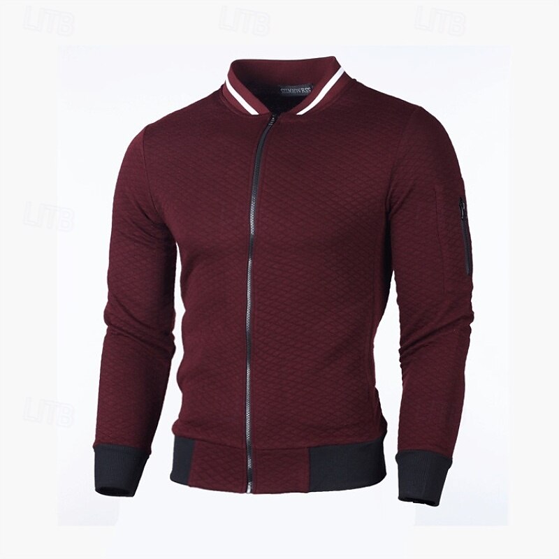 Men's Sweatshirt Full Zip Sweatshirt Black White Burgundy Navy Blue Light Grey Standing Collar Plain Textured Sports & Outdoor Casual Daily Streetwear Cool Sportswear Spring &  Fall Clothing Apparel4