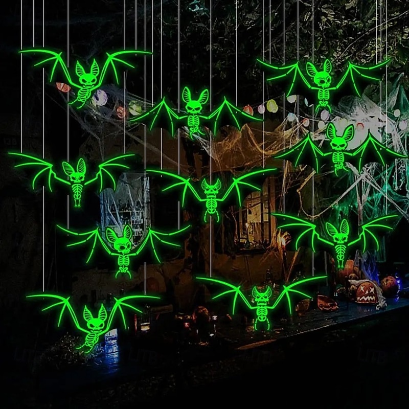 10PCS Halloween popular horror atmosphere decoration items hanging on trees with 3D stereoscopic bat fluorescent night light haunted house holiday party decoration and decoration