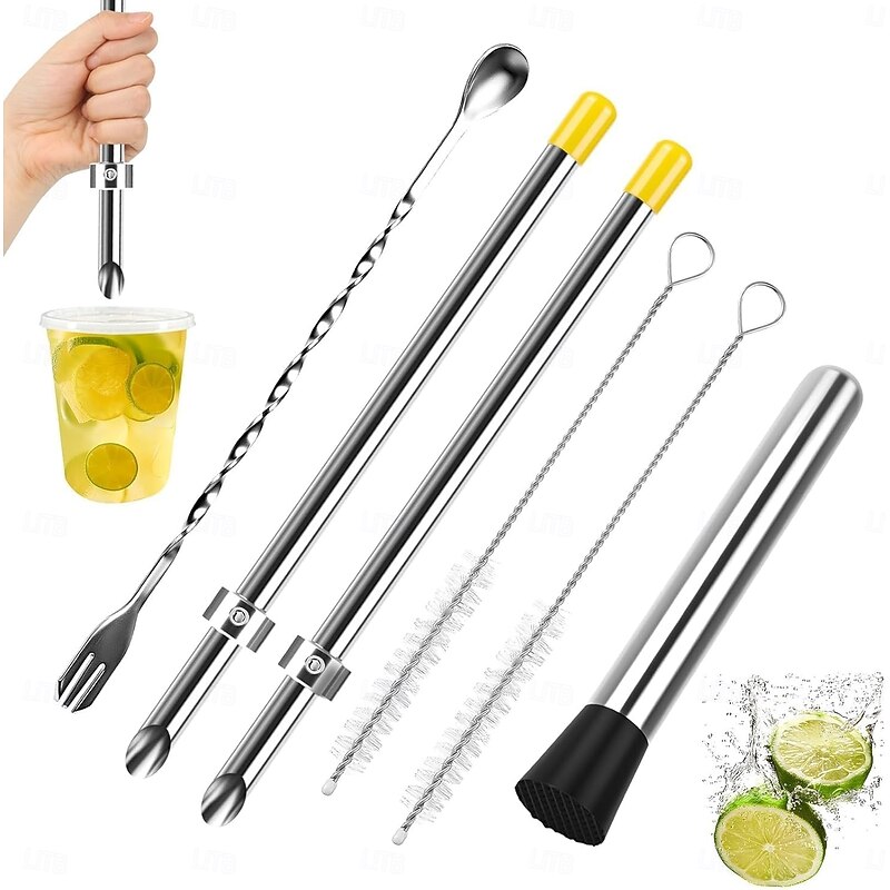 6 Pieces Professional Lemonade Stand Kit includes 2pcs of 304 stainless steel straw punch, 1 stainless steel muddler, 1 stirring spoon and 2 straw cleaning brushes for Lemonade Preparation