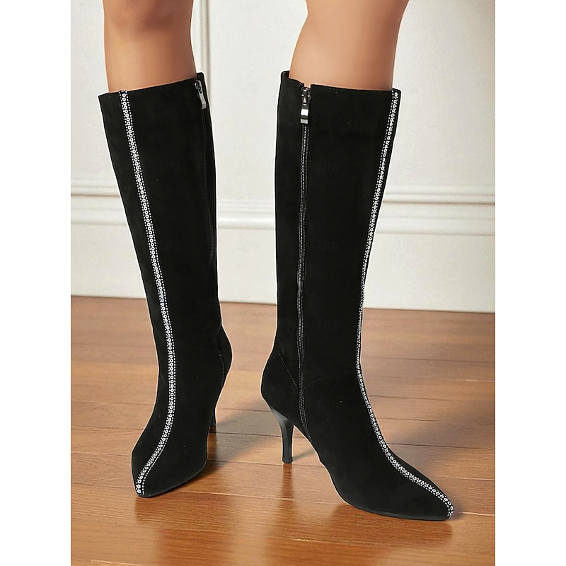Women's Black Knee High Boots with Rhinestone Trim – Pointed Toe Stiletto Heel Dress Boots for Daily Outing, Evening and Fall Winter Fashion4