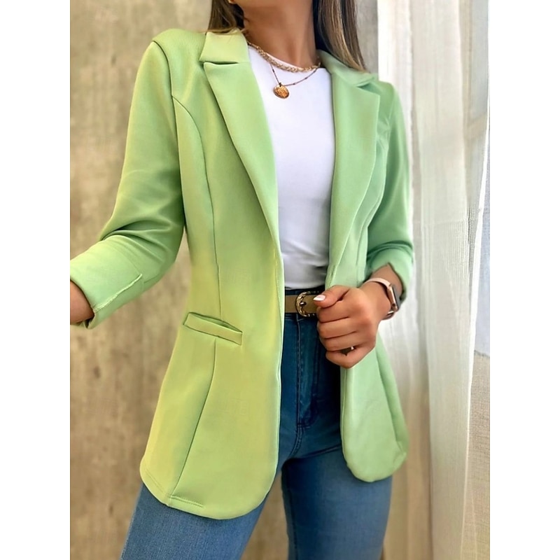 Women's Blazer Comfortable Breathable Pocket Casual Plain Office Street Casual Daily Wear Open Front Short Turndown Regular Fit Long Sleeve Outerwear Pink Blue Green Summer Fall2