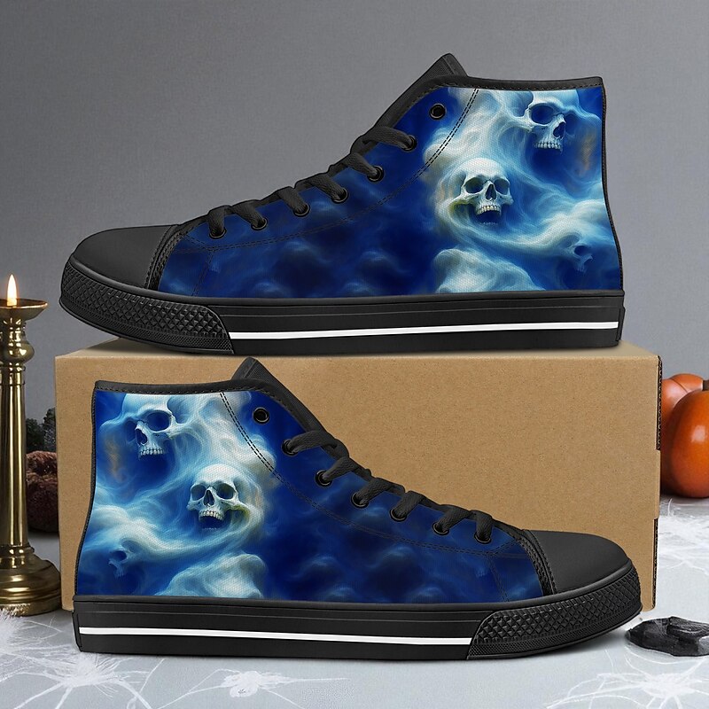 Men's Green Ghost Skull Print High Top Sneakers – Gothic Casual Canvas Shoes for Halloween, Cosplay and Street Fashion4