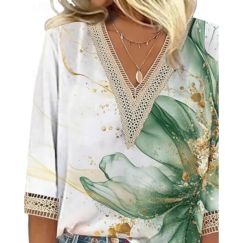 Women's Lace Shirt Blouse Flower Modern Casual 3/4 Length Sleeve V Neck Regular Tops Daily Holiday Lace Print Green Fall2