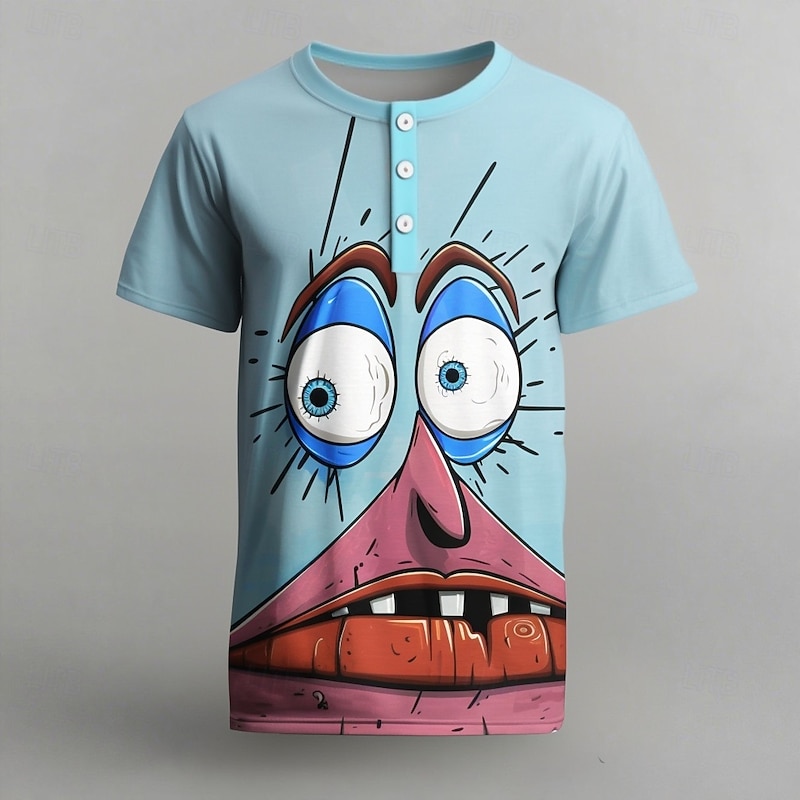 Men's Cartoon T Shirt Henley Shirt Short Sleeve Designer Retro Vintage Graphic Street Casual Daily Summer Spring Light Blue Henley Henley T-Shirt