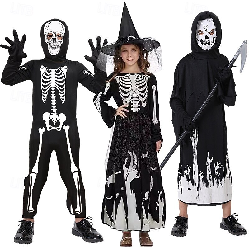 Witch Grim Reaper Skull Skeleton Halloween Costume Glow in the Dark Horror Scary Costume Kid's Boys' Girls' Halloween Carnival Performance Party Easy Halloween Costumes Dress Up2